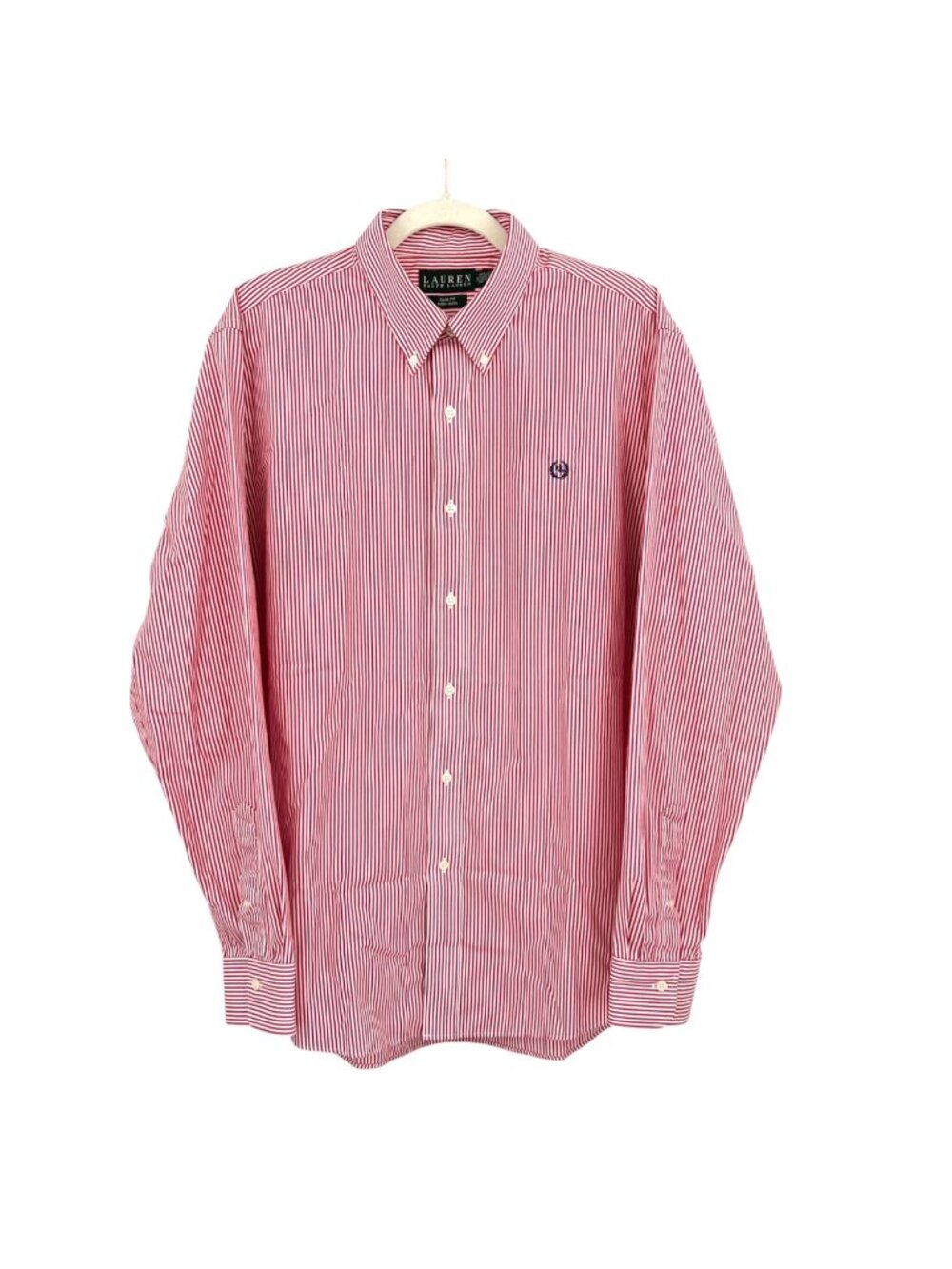 Lauren Ralph Lauren Red White Pinstripe Slim Fit Non-Iron Shirt Size 17 36/37